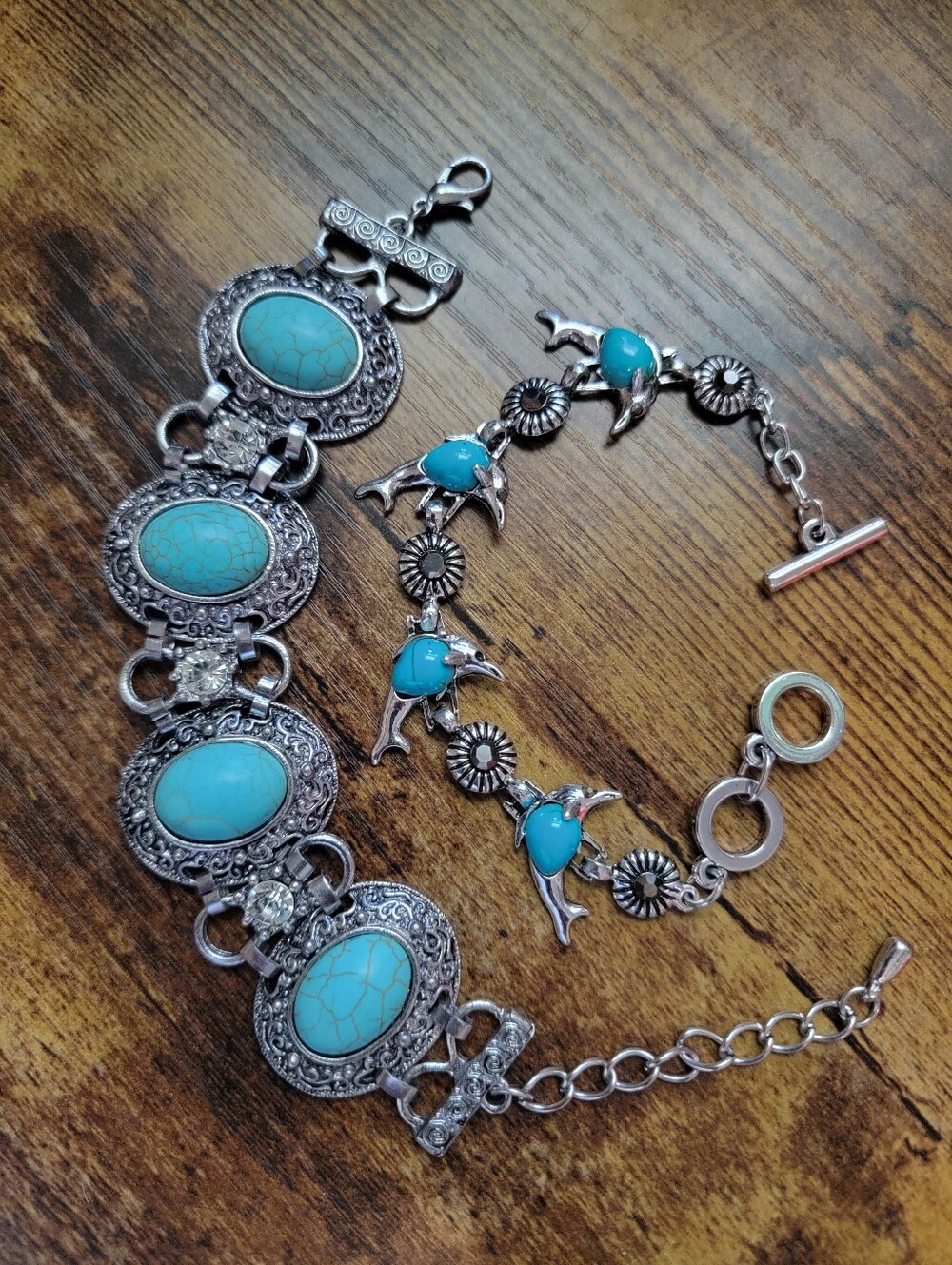 Faux Turquoise Stone Silver Bracelet Set Of 2